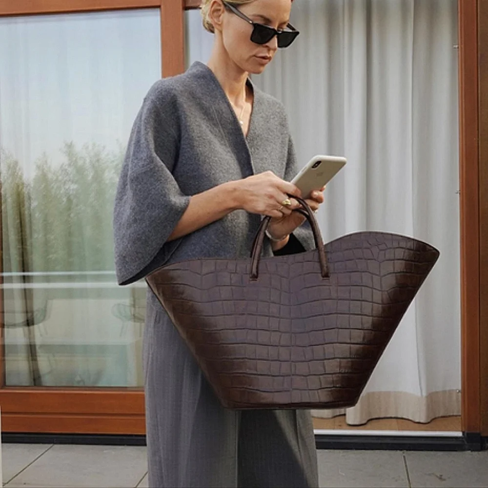 Croc-Embossed Brown Medium Size Tote Bag